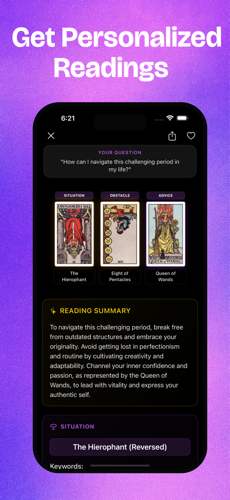 TarotLingo app screen showing a personalized tarot reading with card interpretations and a summary