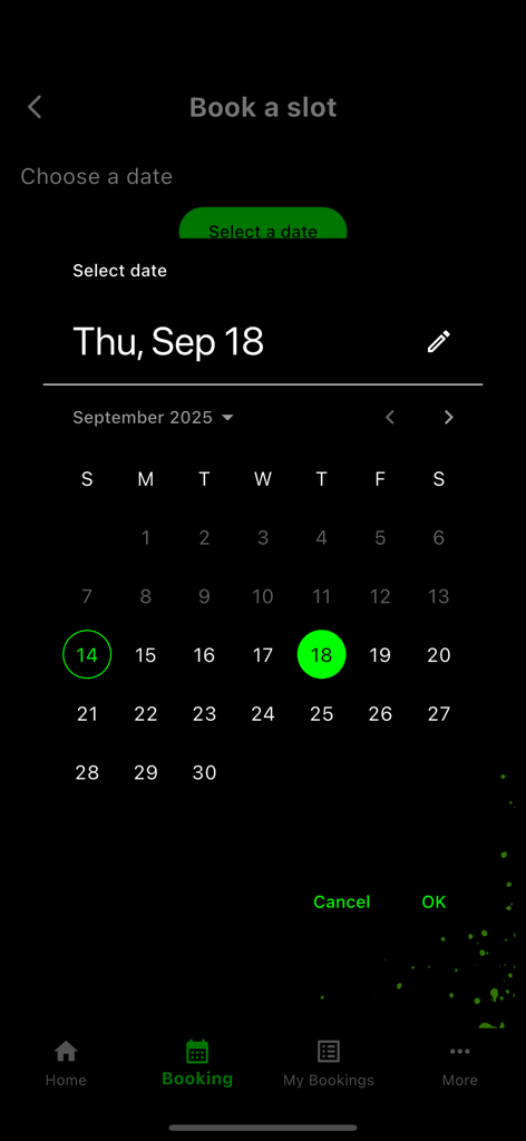 Flow Car Wash - Flow Car Wash app screen for selecting a service date from a calendar