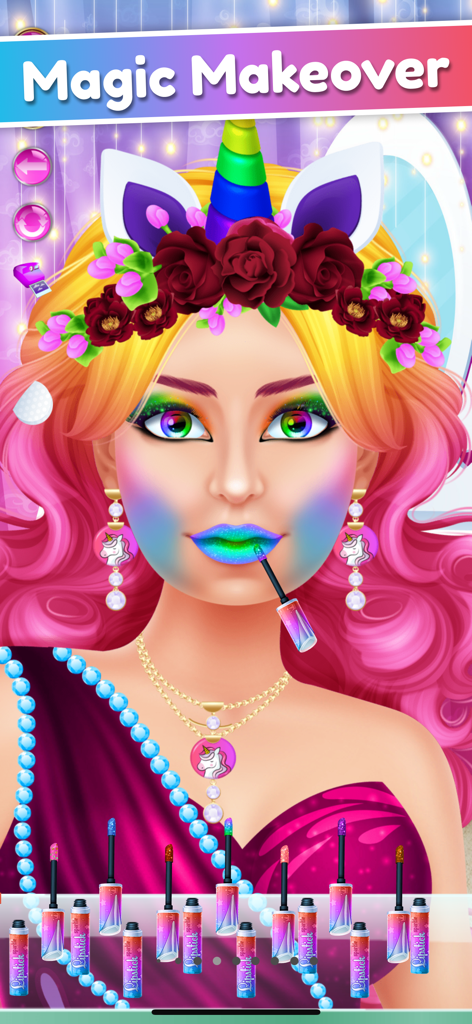 Makeover Games: Makeup & Spa - Magischer Makeover-Bildschirm, der Einhorn-Make-up und Accessoires auf einer Puppenfigur zeigt
