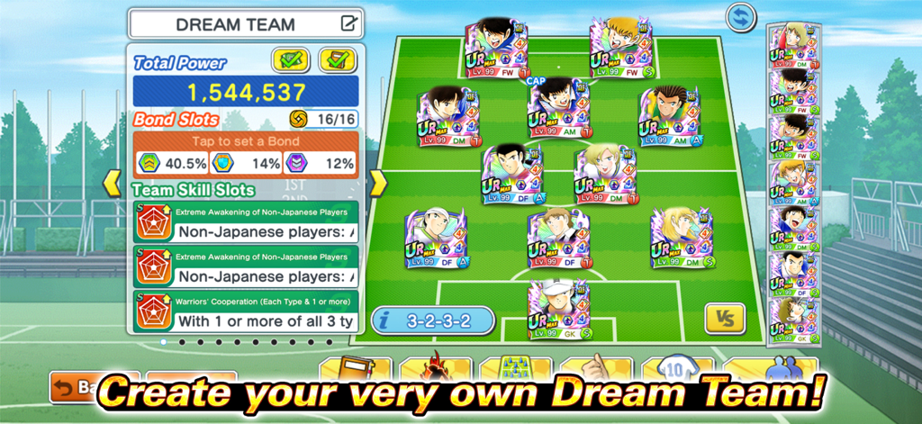 Captain Tsubasa: Dream Team - Una schermata di gestione della squadra in Captain Tsubasa Dream Team che mostra una formazione calcistica con carte giocatore e statistiche di potenza totale