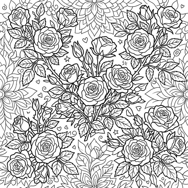 Immerse yourself in the delicate beauty of miniature roses with this captivating coloring page. Featuring a dense arrangement of blooms, buds, and foliage, it offers a wonderfully intricate floral escape for artists of all levels.
