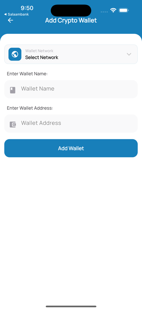 Salaam Bank - Mobile Banking - Mobile banking interface for adding a crypto wallet with fields for network name and wallet address