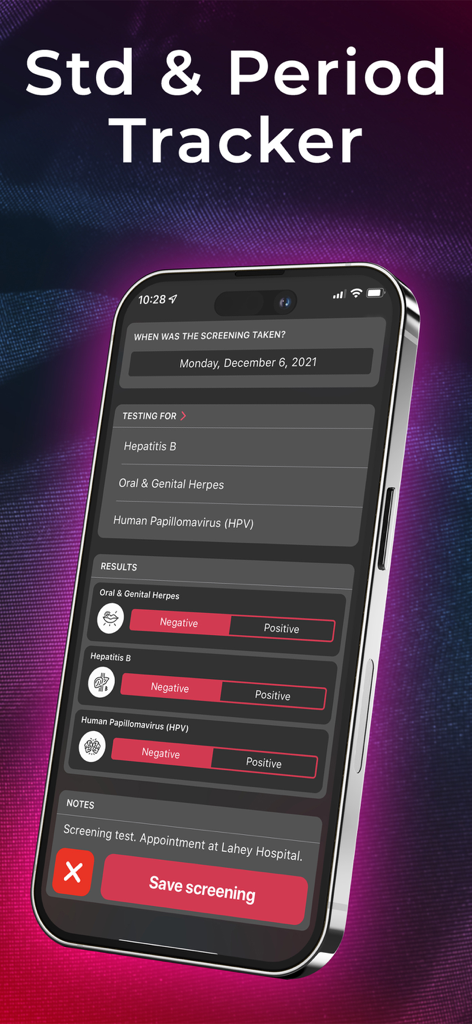 Un smartphone que muestra la interfaz de resultados de detección de ITS en la aplicación xTracker con opciones para pruebas de Hepatitis B y VPH.