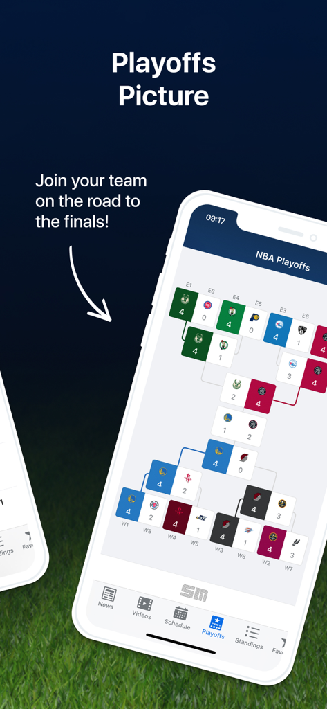 앱에서 팀 로고와 시리즈 점수를 보여주는 NBA 플레이오프 대진표 보기