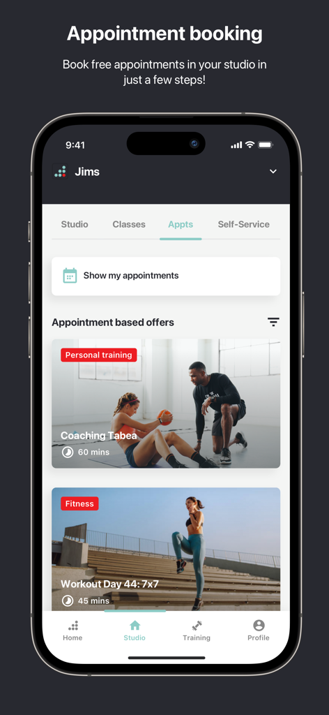 Écran de l'application mobile Jims pour la réservation de rendez-vous de coaching personnel et de fitness