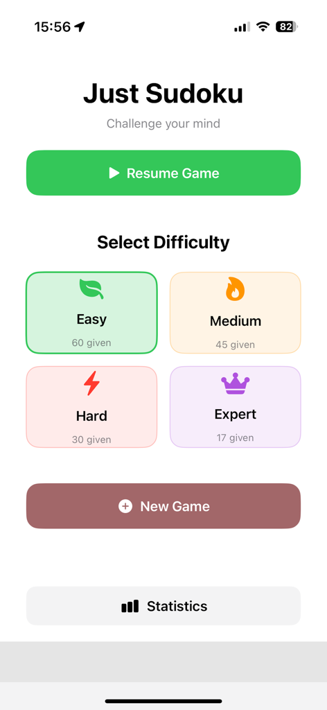 Just Sudoku. - Just Sudoku app home screen showing options for Easy Medium Hard and Expert difficulty levels