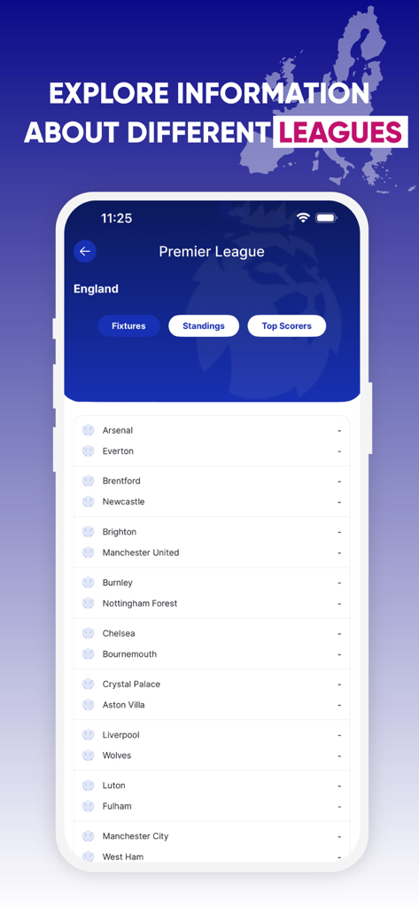 Screenshot dell'app Drama live che mostra i calendari delle partite e gli orari delle squadre della Premier League inglese