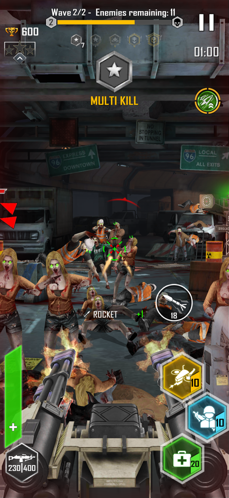 Zombie Hunter: Shoot or Dead - Action-packed first-person shooter gameplay featuring a massive zombie horde and heavy machine guns in an underground tunnel.