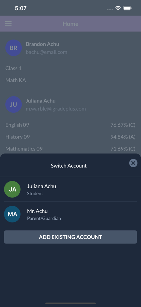 iGradePlus - Switch account menu in the iGradePlus app showing student and parent profiles