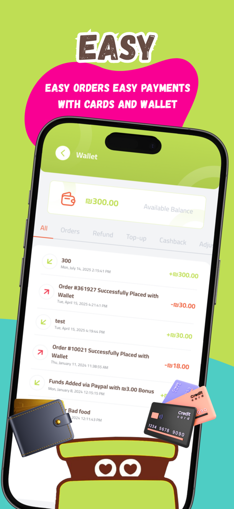 Yummy: Food, grocery & more - Smartphone displaying the Yummy app wallet screen with account balance and transaction history.