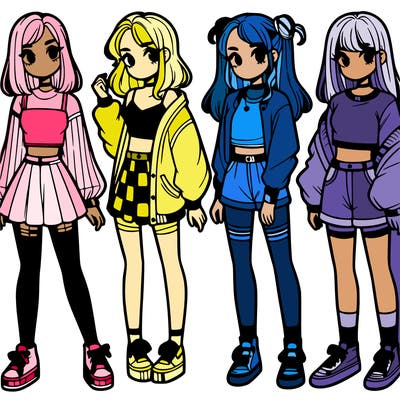 one girl with crop-top shirt and a jacket with a skirt, long socks and another girl with a shirt and pants with a jacket