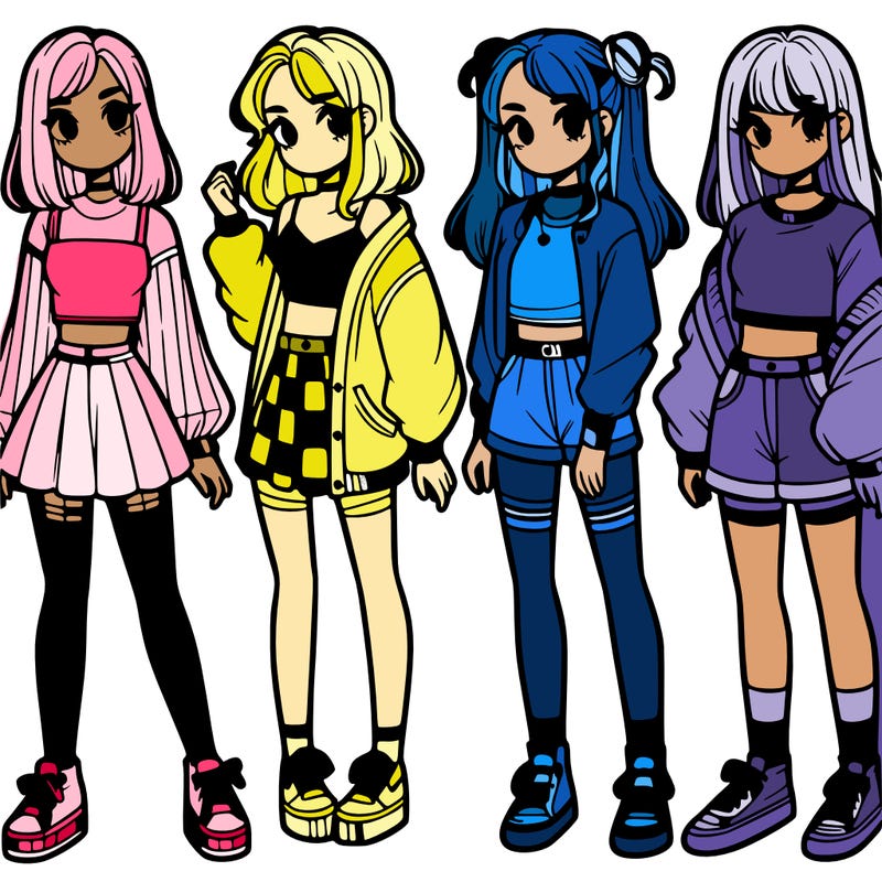 one girl with crop-top shirt and a jacket with a skirt, long socks and another girl with a shirt and pants with a jacket