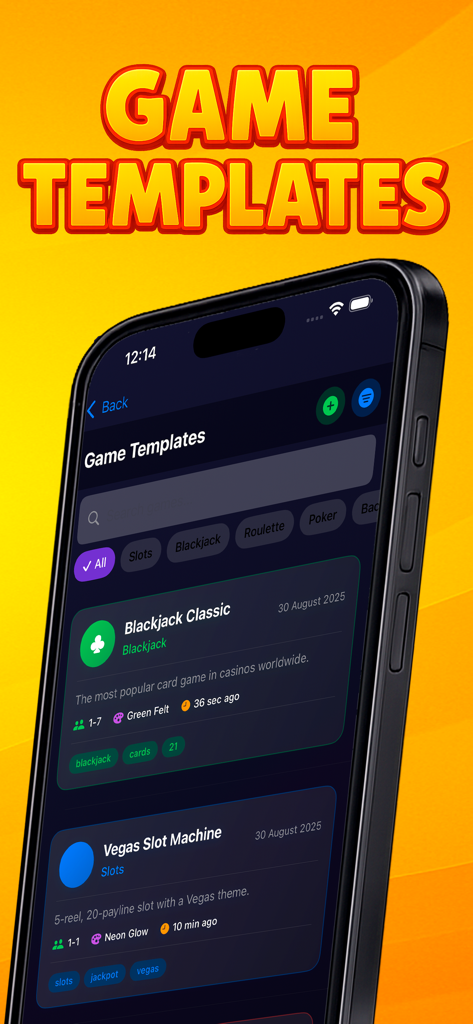 Tabletop Themes Managing - A smartphone screen displaying various game templates like Blackjack Classic and Vegas Slot Machine within the Tabletop Themes Managing app.