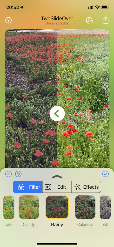 TwoSlideOver app interface showing a side by side photo comparison with a rainy filter effect applied to a field of flowers