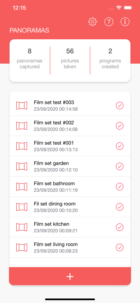 HDRI - HDRI app dashboard showing a list of captured 360 panoramas and session statistics