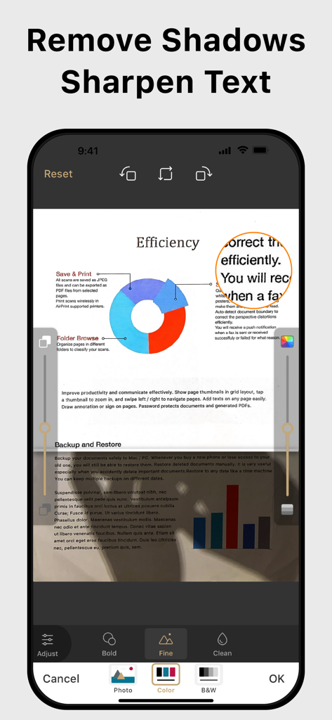 Smartphone screen showing document scan enhancement with shadow removal and sharpened text features