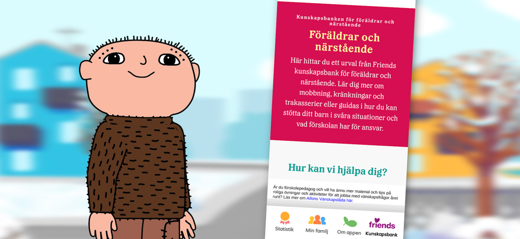 Personaje de Alfie Atkins junto a la pantalla de una aplicación móvil que muestra un banco de conocimientos para padres en sueco