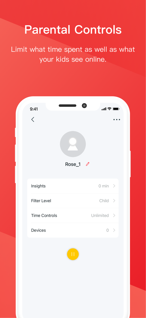 Screen from the MERCUSYS app showing parental control settings for a child profile including time restrictions and filter levels.