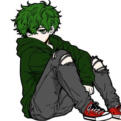 a male hoddie ripped jeans messy hair anime