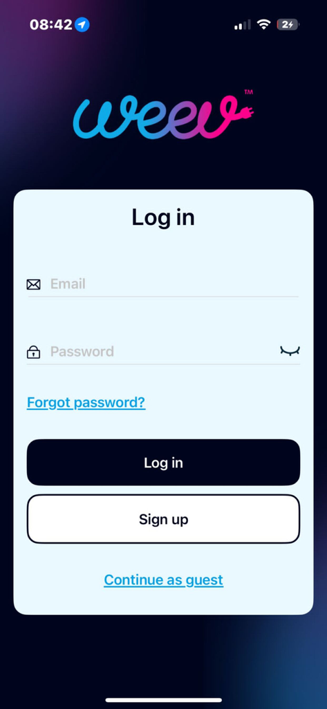 My Weev - Pantalla de inicio de sesión de la aplicación de carga de vehículos eléctricos My Weev con campos de correo electrónico y contraseña y botones de registro