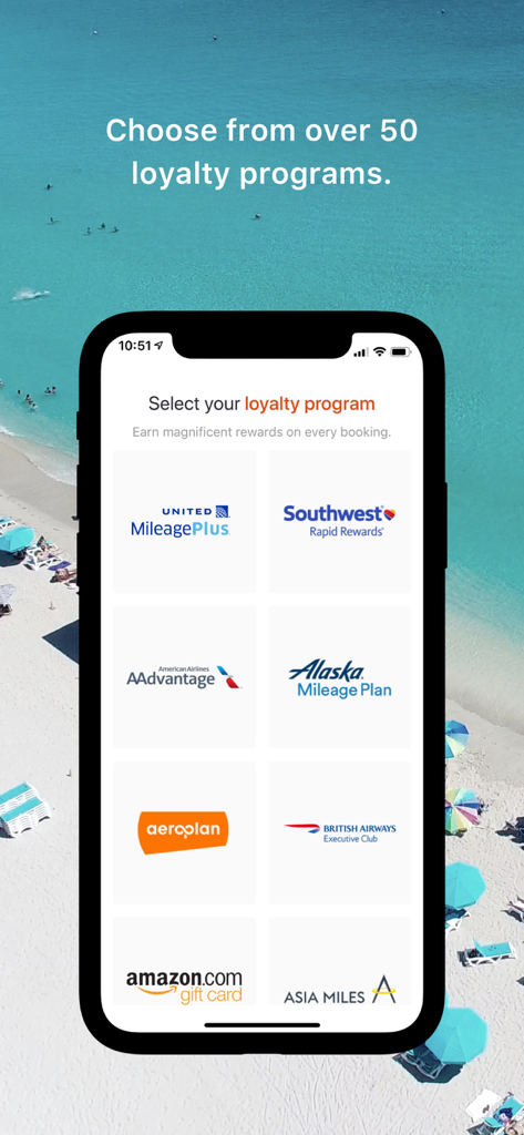 ユナイテッド航空やサウスウエスト航空などのさまざまな航空ロイヤルティプログラムとリワードオプションを表示するRocketmilesアプリインターフェイス。