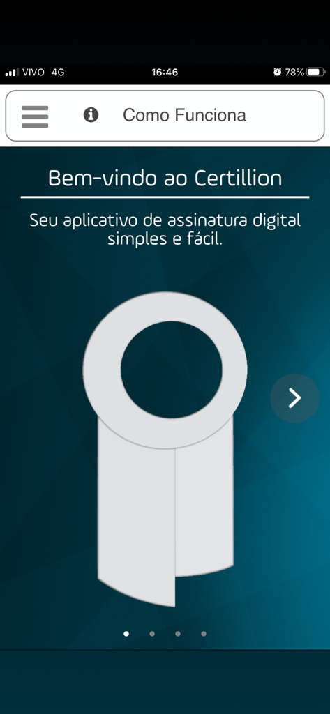 Certillion - Tela de boas-vindas do aplicativo móvel Certillion para assinaturas digitais