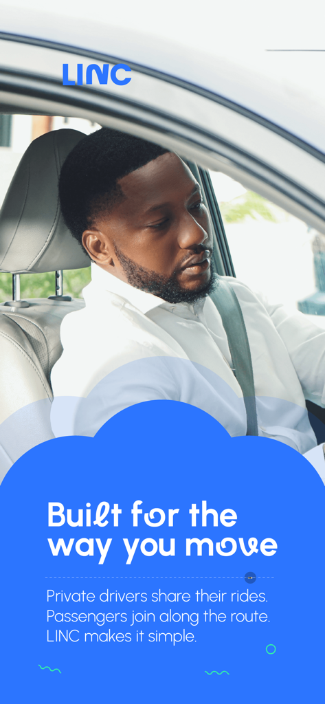 Linc Ride - Écran d'introduction de l'application Linc Ride présentant un chauffeur et des informations sur le covoiturage.