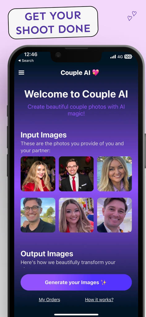 Couple AI - Photographer - Interfaz de la aplicación Couple AI mostrando una sección para subir imágenes de entrada y un botón para generar fotos de sesión de fotos con IA