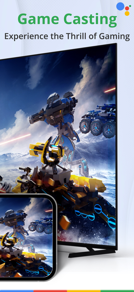 TV Cast: Mirror Home Screen - A mobile game being mirrored from an iPhone to a large TV screen showing futuristic robot combat