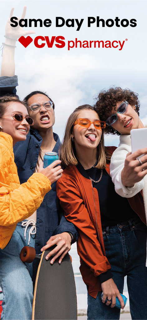 Photo Prints Now: CVS Photo - A group of friends taking a selfie with the CVS Pharmacy logo and Same Day Photos text