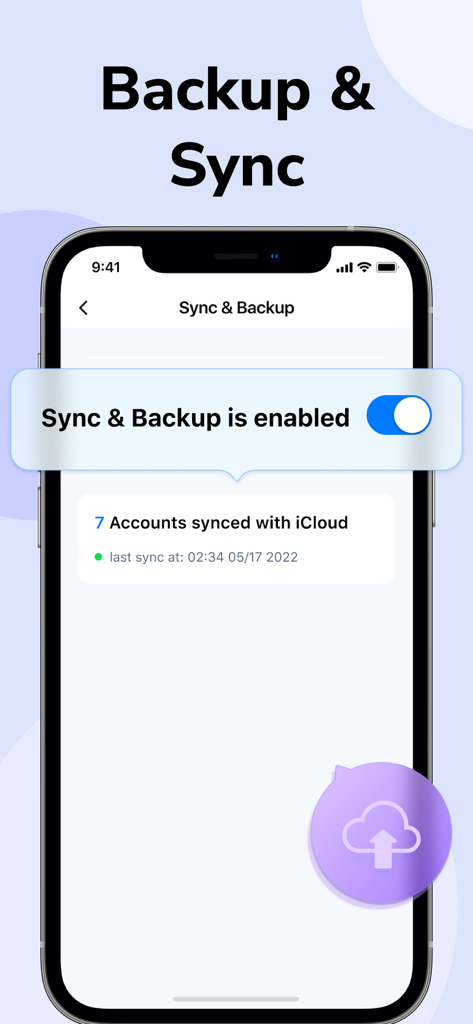 Authenticator © - Una pantalla de smartphone que muestra la función de sincronización y copia de seguridad de la aplicación Authenticator habilitada con siete cuentas sincronizadas con iCloud.