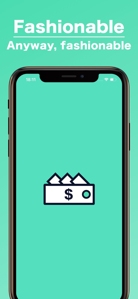 Splash screen of the Cash Wallet Management app featuring a minimalist wallet icon and the headline Fashionable Anyway, fashionable on a teal background.