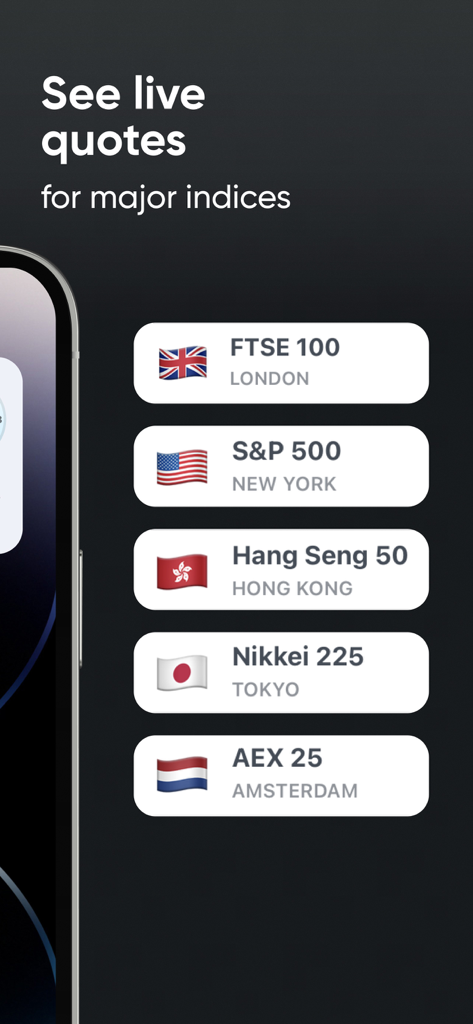 World clock widget Capital.com - Pantalla móvil que muestra cotizaciones en vivo de los principales índices bursátiles globales, incluyendo el S&P 500 y el FTSE 100.