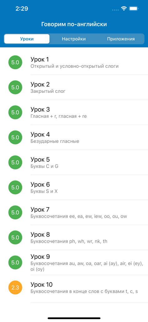 Полиглот. Говорим по-английски - Interfaz que muestra una lista de lecciones de fonética en inglés en la aplicación Políglota