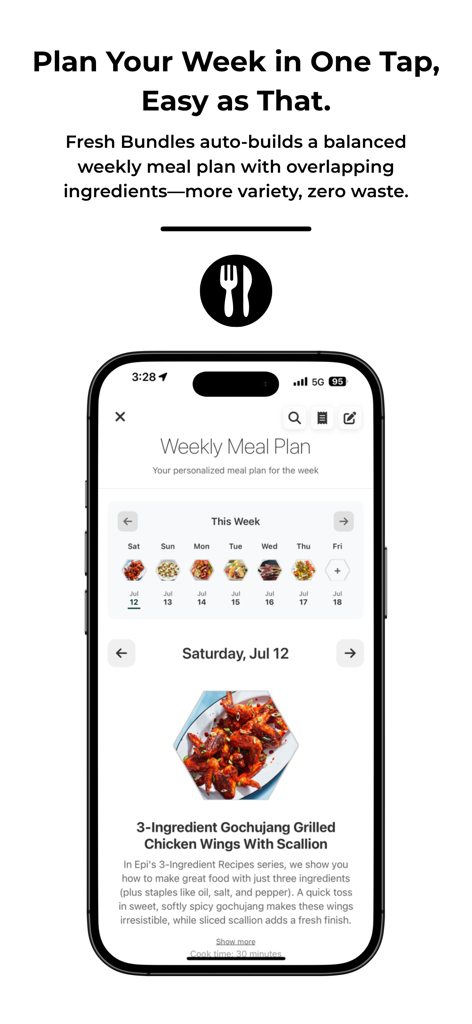 Fresh: Your Personal Chef - La interfaz de la aplicación Fresh que muestra un plan de comidas semanal personalizado y una receta de alitas de pollo gochujang.