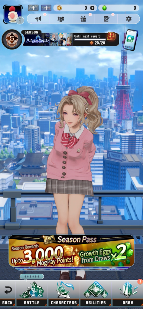 DISSIDIA DUELLUM FINAL FANTASY - Final Fantasy character in a modern school outfit with a Tokyo city skyline background