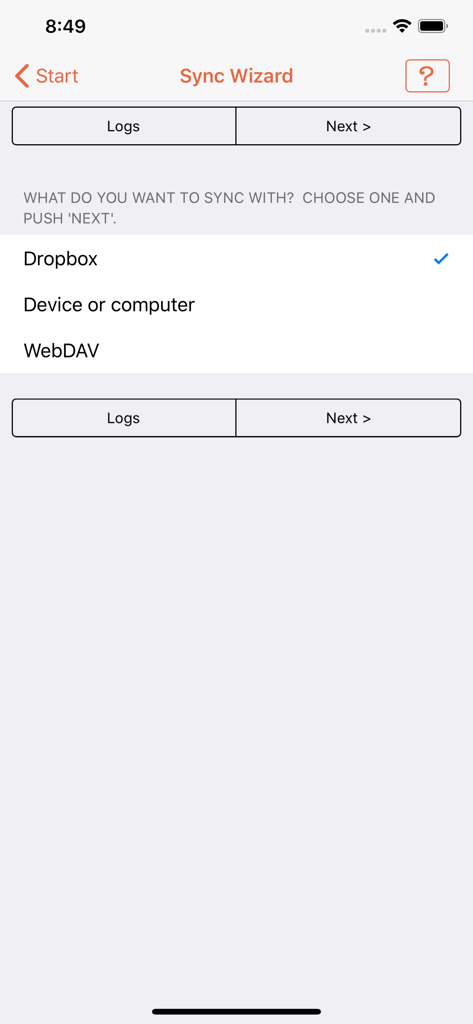 Sync Wizard screen in PasswordWallet app showing options for Dropbox and local computer synchronization.
