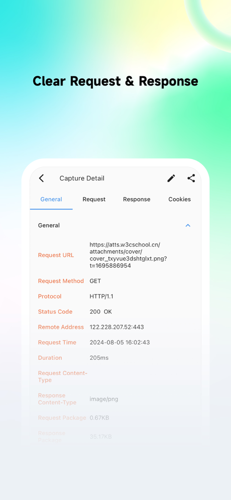 Stream HTTP Sniffer mobile app interface showing detailed network request information including URL method and status code