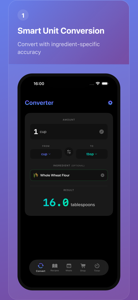 Pantalla de smartphone que muestra la conversión de unidades inteligente para harina de trigo integral en la aplicación Kitchen Converter.