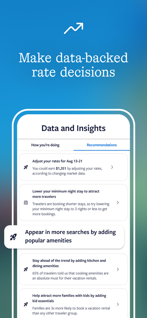 Vrbo Owner - Vrbo Owner app interface showing data-backed insights and recommendations to optimize rental rates and guest amenities.