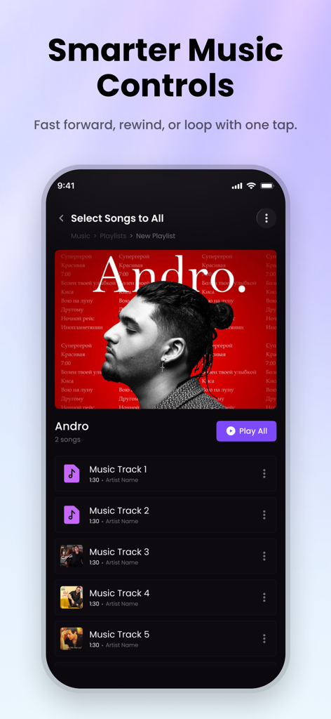 Video Player All Format HD - Interfaz que muestra controles de música inteligentes y una lista de reproducción en Reproductor de Video Todos los Formatos HD