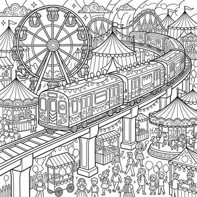 Hop on for a fantastic adventure with our unique Subway Train Carnival coloring page! This vibrant scene blends urban transit with the magic of a fairground, offering endless creative possibilities for all ages.