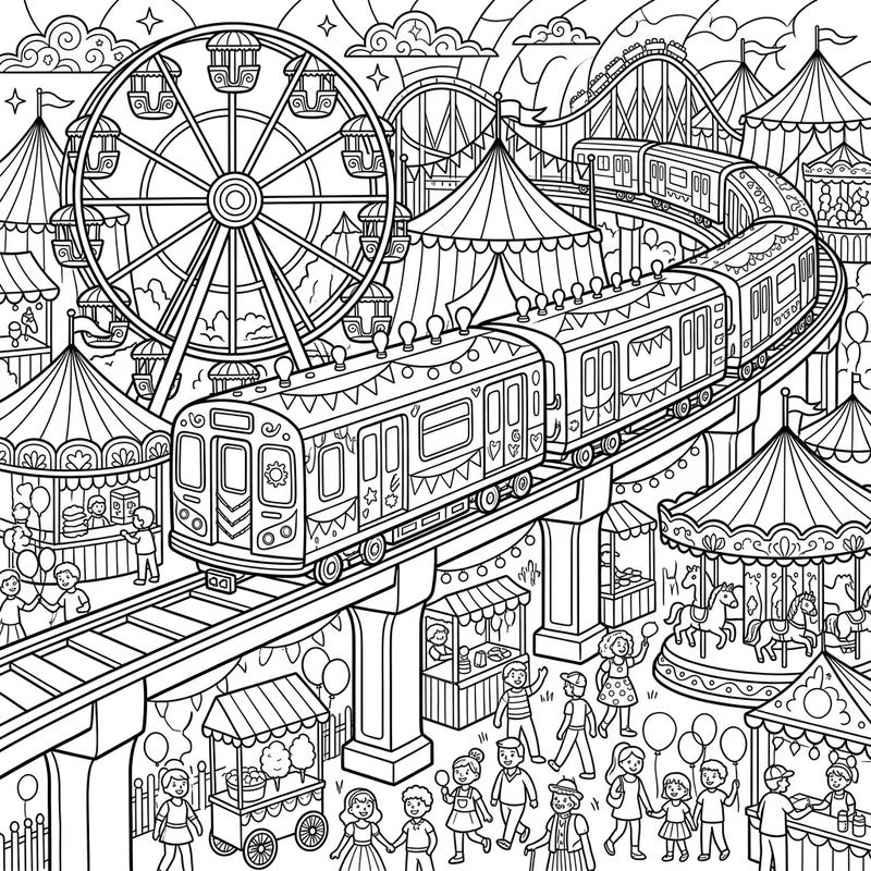 Hop on for a fantastic adventure with our unique Subway Train Carnival coloring page! This vibrant scene blends urban transit with the magic of a fairground, offering endless creative possibilities for all ages.
