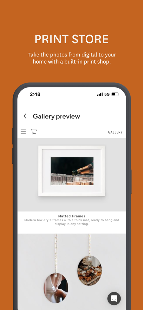 Screenshot of the Pass Gallery app showing a print store with matted frames and custom photo products