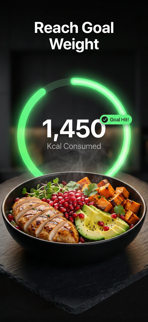 AI Calorie Counter - Scan Food - Uma tela de rastreamento de calorias de um aplicativo mostrando 1.450 kcal consumidas com uma notificação de Meta Atingida acima de uma tigela de comida saudável, incluindo frango e abacate.