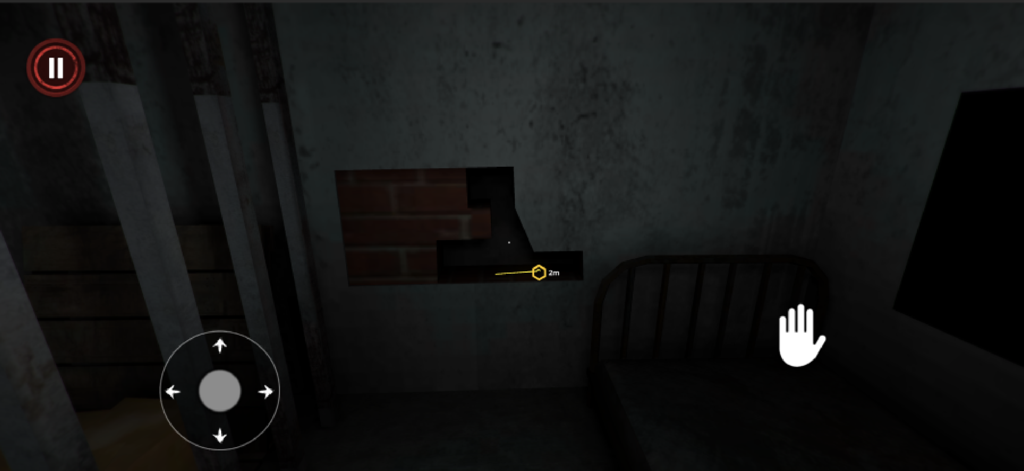 Gameplay screenshot of the Scary Horror 3D Creepy Game showing a dark room with a bed and mobile controls.
