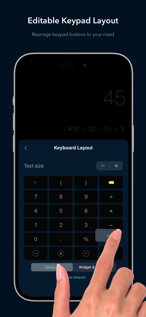 Screenshot of Calzy calculator on iPhone showing the editable keypad layout feature with a hand customizing button placement.