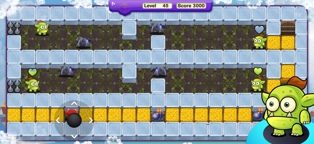 Bomber Strike Adventure - ボンバース トライク アドベンチャーのゲームプレイ画面。レベル45に敵と爆弾がアーケードグリッドに表示されている様子を表示。