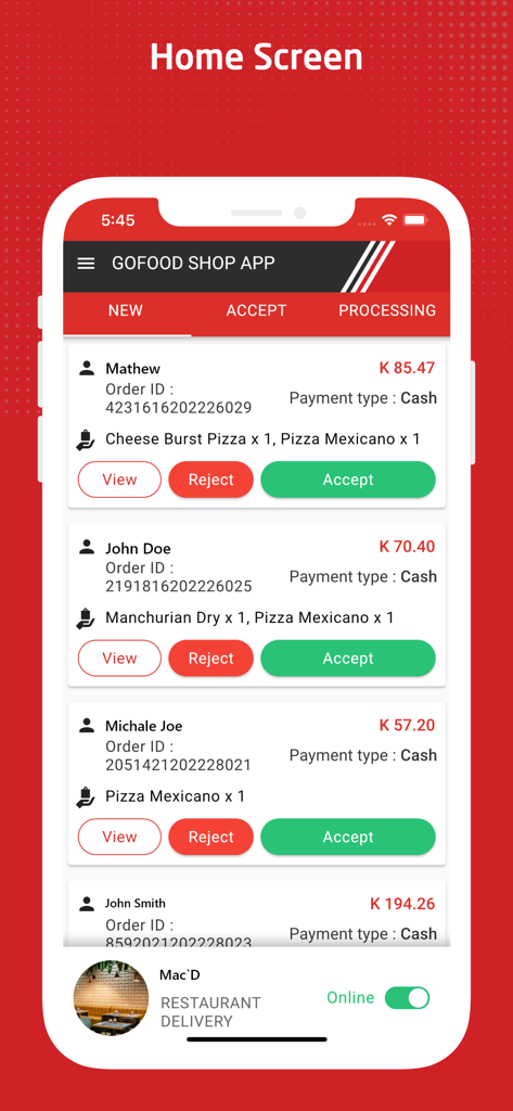 GoFood (PNG) Shop - GoFood PNG Shopアプリのホーム画面。新しい顧客からの食品注文リストが表示され、受け付けまたは拒否するオプションがあります。