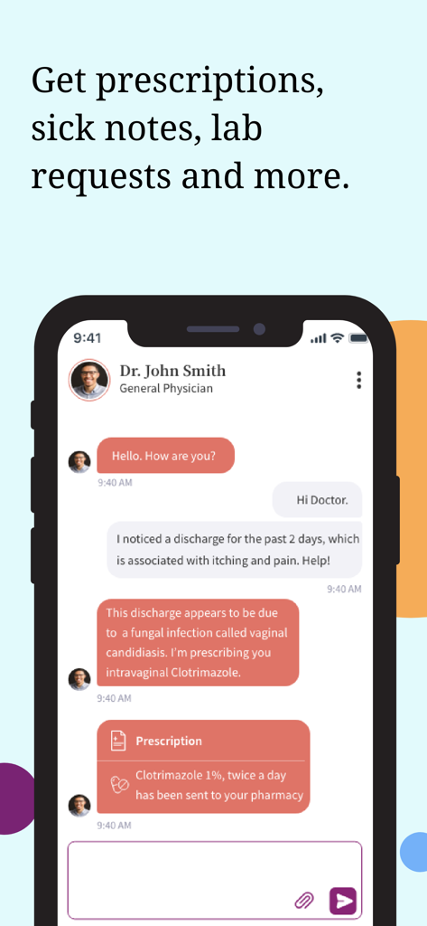 YourDoctors - Online Doctor - A chat interface in the YourDoctors app showing a doctor providing a diagnosis and a digital prescription card.